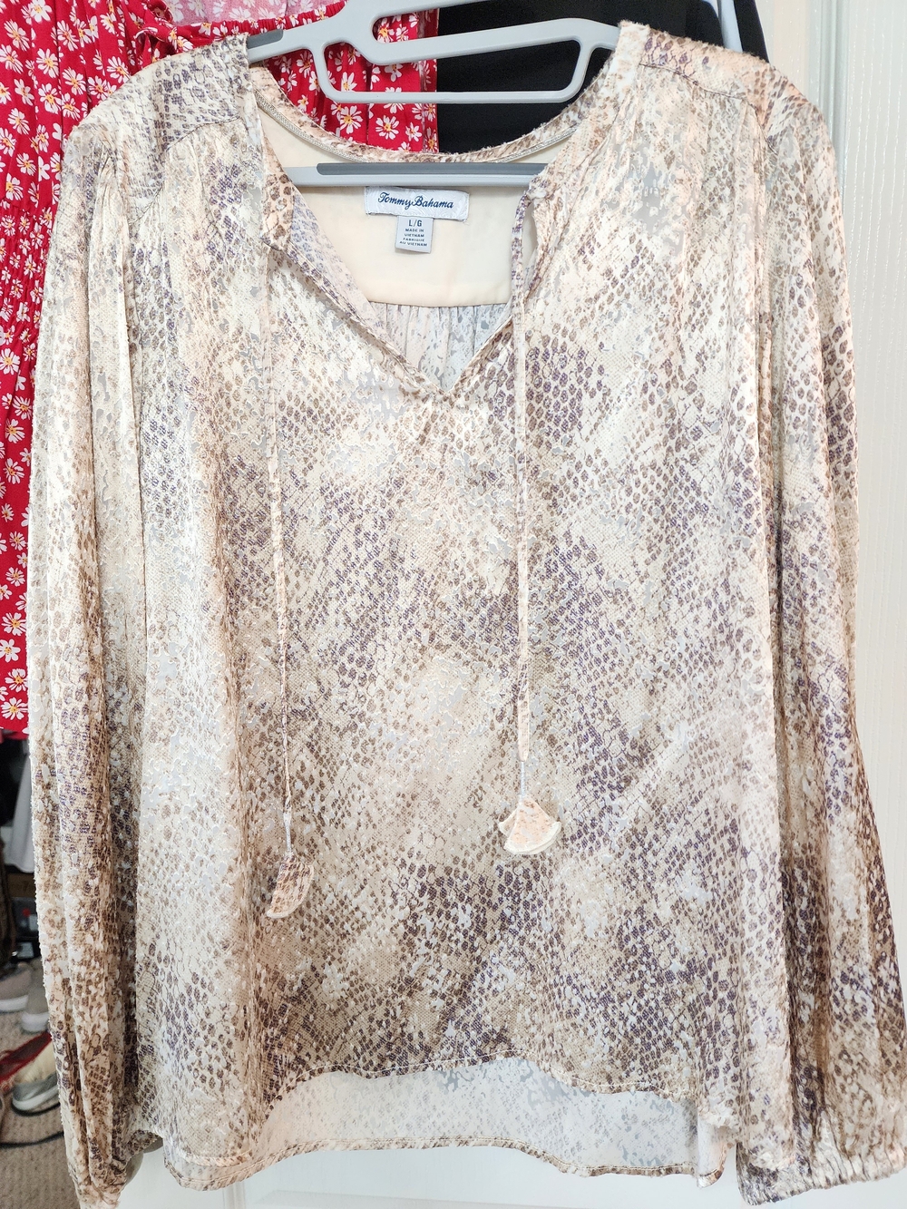 Tommy Bahama Metallic Beige Snake-Print Silky Blouse